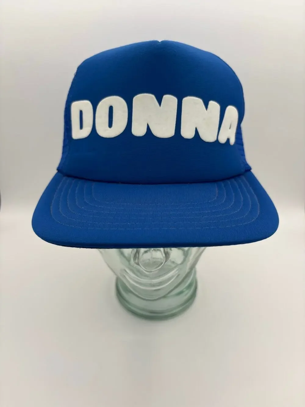 Vintage “Donna” Blue & White Adjustable Mesh Snap Back Trucker Hat OSFA